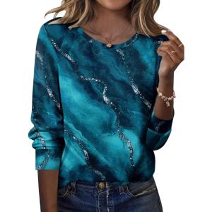 Zeagoo Tops for Women Dressy Crewneck Long Sleeve Shirts Lightweight Basic Tee Business Casual Outfits(Marble Blue Green 287)