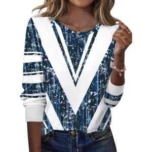 Zeagoo Tops for Women Dressy Crewneck Long Sleeve Shirts Lightweight Basic Tee Business Casual Outfits(Pattern Blue 563)