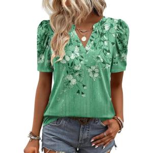 Zeagoo Women Blouses Puff Short Sleeve Tops V Neck Dressy Casual Spring Shirts Boho Floral Cute Clothes 2026(Bf180-green Flowers)
