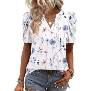 Zeagoo Women Blouses Puff Short Sleeve Tops V Neck Dressy Casual Spring Shirts Boho Floral Cute Clothes 2026(Bf290-white Flowers)