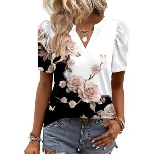 Zeagoo Women Blouses Puff Short Sleeve Tops V Neck Dressy Casual Spring Shirts Boho Floral Cute Clothes 2026(Bf347-pattern)
