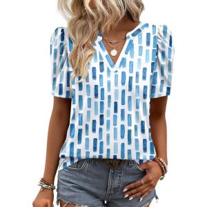 Zeagoo Women Blouses Puff Short Sleeve Tops V Neck Dressy Casual Spring Shirts Boho Floral Cute Clothes 2026(Cx329-blue)
