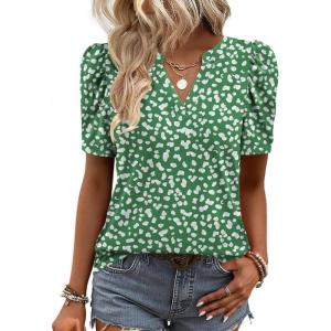 Zeagoo Women Blouses Puff Short Sleeve Tops V Neck Dressy Casual Spring Shirts Boho Floral Cute Clothes 2026(Jh560-green)