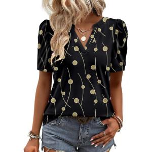 Zeagoo Women Blouses Puff Short Sleeve Tops V Neck Dressy Casual Spring Shirts Boho Floral Cute Clothes 2026(Jh601-black)