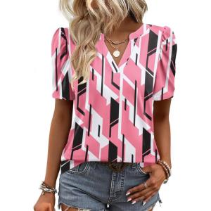 Zeagoo Women Blouses Puff Short Sleeve Tops V Neck Dressy Casual Spring Shirts Boho Floral Cute Clothes 2026(Jh603-pink)
