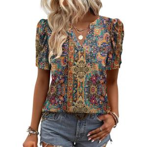 Zeagoo Women Blouses Puff Short Sleeve Tops V Neck Dressy Casual Spring Shirts Boho Floral Cute Clothes 2026(Mz721-multicolored)