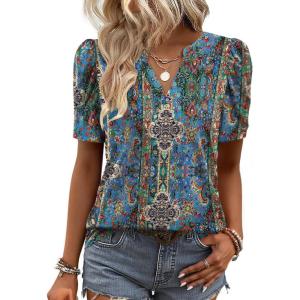 Zeagoo Women Blouses Puff Short Sleeve Tops V Neck Dressy Casual Spring Shirts Boho Floral Cute Clothes 2026(Mz779-multicolored)