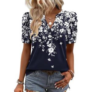Zeagoo Women Blouses Puff Short Sleeve Tops V Neck Dressy Casual Spring Shirts Boho Floral Cute Clothes 2026(Sf103-navy)
