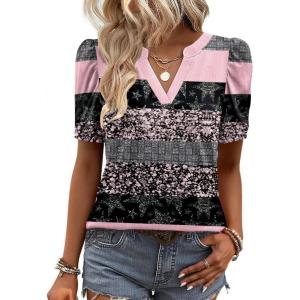 Zeagoo Women Blouses Puff Short Sleeve Tops V Neck Dressy Casual Spring Shirts Boho Floral Cute Clothes 2026(Tz245-stripe)