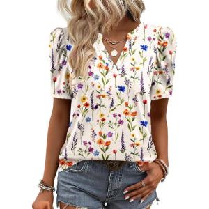 Zeagoo Women Blouses Puff Short Sleeve Tops V Neck Dressy Casual Spring Shirts Boho Floral Cute Clothes 2026(Wf109-apricot)