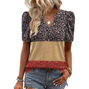 Zeagoo Women Blouses Puff Short Sleeve Tops V Neck Dressy Casual Spring Shirts Boho Floral Cute Clothes 2026(Xh553-flowers)