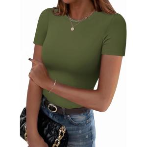 Zeagoo Women Crewneck Slim Fitted Short Sleeve T Shirts Cute Stretchy Bodycon Basic Tee Tops(Short Sleeve Army Green)