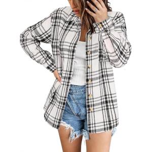 Zeagoo Women Flannel Shacket Jacket Plaid Button Down Long Sleeve Shirt Fall Outfits 2026(Black White 2)
