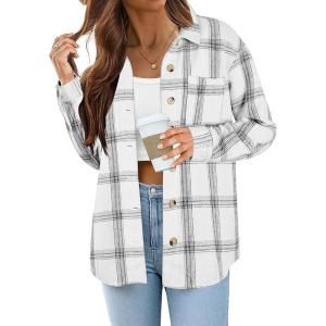 Zeagoo Women Flannel Shacket Jacket Plaid Button Down Long Sleeve Shirt Fall Outfits 2026(Black White)
