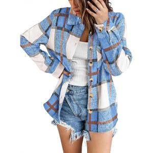 Zeagoo Women Flannel Shacket Jacket Plaid Button Down Long Sleeve Shirt Fall Outfits 2026(Blue)