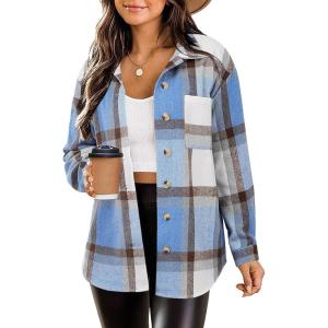 Zeagoo Women Flannel Shacket Jacket Plaid Button Down Long Sleeve Shirt Fall Outfits 2026(Blue Plaid-gw354)