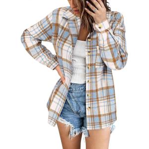 Zeagoo Women Flannel Shacket Jacket Plaid Button Down Long Sleeve Shirt Fall Outfits 2026(Blue White)