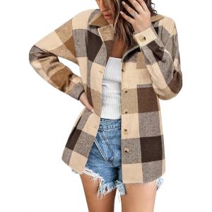 Zeagoo Women Flannel Shacket Jacket Plaid Button Down Long Sleeve Shirt Fall Outfits 2026(Brown 2)