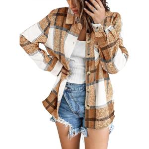 Zeagoo Women Flannel Shacket Jacket Plaid Button Down Long Sleeve Shirt Fall Outfits 2026(Brown)