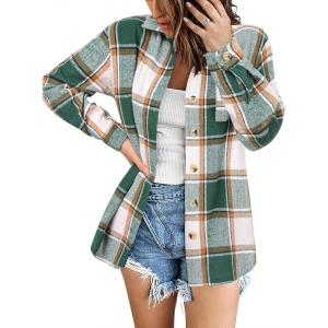 Zeagoo Women Flannel Shacket Jacket Plaid Button Down Long Sleeve Shirt Fall Outfits 2026(Dark Green)