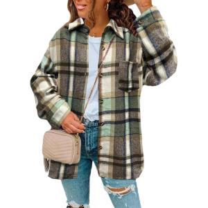 Zeagoo Women Flannel Shacket Jacket Plaid Button Down Long Sleeve Shirt Fall Outfits 2026(Green)