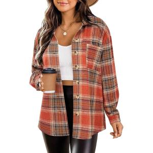 Zeagoo Women Flannel Shacket Jacket Plaid Button Down Long Sleeve Shirt Fall Outfits 2026(Orange Plaid-gz867)