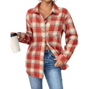 Zeagoo Women Flannel Shacket Jacket Plaid Button Down Long Sleeve Shirt Fall Outfits 2026(Red)