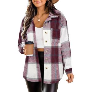 Zeagoo Women Flannel Shacket Jacket Plaid Button Down Long Sleeve Shirt Fall Outfits 2026(Red Plaid-gz543)
