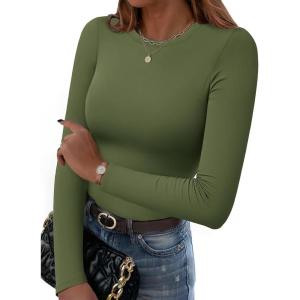 Zeagoo Women Long Sleeve T Shirts Crewneck Slim Fit Tops Going Out Fall Fashion Basic Tee(Long Sleeve-army Green)