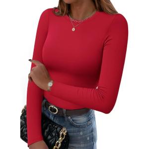 Zeagoo Women Long Sleeve T Shirts Crewneck Slim Fit Tops Going Out Fall Fashion Basic Tee(Long Sleeve-red)