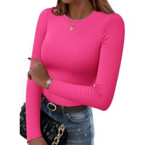Zeagoo Women Long Sleeve T Shirts Crewneck Slim Fit Tops Going Out Fall Fashion Basic Tee(Long Sleeve-rose Red)