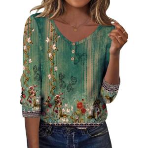 Zeagoo Women Tops Loose Fit Long Sleeve V Neck T Shirts Business Casual Blouses Dressy Fall Fashion Work Clothes(Green Flower-mz839)