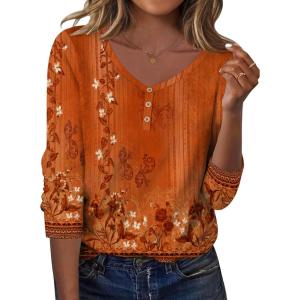 Zeagoo Women Tops Loose Fit Long Sleeve V Neck T Shirts Business Casual Blouses Dressy Fall Fashion Work Clothes(Orange Flower-mz867)