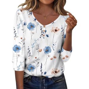 Zeagoo Women Tops Loose Fit Long Sleeve V Neck T Shirts Business Casual Blouses Dressy Fall Fashion Work Clothes(White Flower-bf290)
