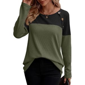Zeagoo Women Waffle Knit Shirts Long Sleeve Colorblock Tee Button Detail Tunics(Army Geeen)