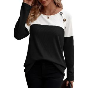 Zeagoo Women Waffle Knit Shirts Long Sleeve Colorblock Tee Button Detail Tunics(Black)