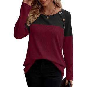 Zeagoo Women Waffle Knit Shirts Long Sleeve Colorblock Tee Button Detail Tunics(Burgundy)