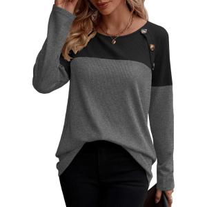 Zeagoo Women Waffle Knit Shirts Long Sleeve Colorblock Tee Button Detail Tunics(Dark Grey)