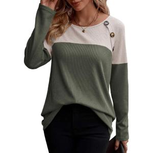 Zeagoo Women Waffle Knit Shirts Long Sleeve Colorblock Tee Button Detail Tunics(Grey+army Green)