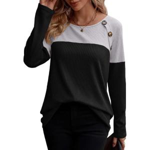 Zeagoo Women Waffle Knit Shirts Long Sleeve Colorblock Tee Button Detail Tunics(Light Grey+ Black)