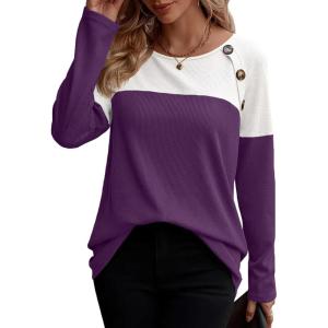 Zeagoo Women Waffle Knit Shirts Long Sleeve Colorblock Tee Button Detail Tunics(Purple)