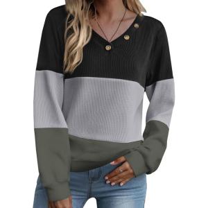 Zeagoo Women Waffle Knit Tops V Neck Long Sleeve Tunics Color Block Casual Blouse Fall Fashion 2026 Button Decor T Shirt(Black/Grey/Army Green)