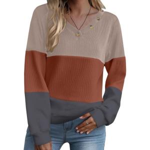 Zeagoo Women Waffle Knit Tops V Neck Long Sleeve Tunics Color Block Casual Blouse Fall Fashion 2026 Button Decor T Shirt(Brown/Orange/Grey)