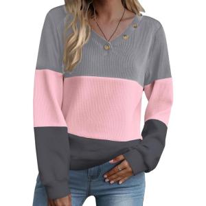 Zeagoo Women Waffle Knit Tops V Neck Long Sleeve Tunics Color Block Casual Blouse Fall Fashion 2026 Button Decor T Shirt(Grey/Pink)