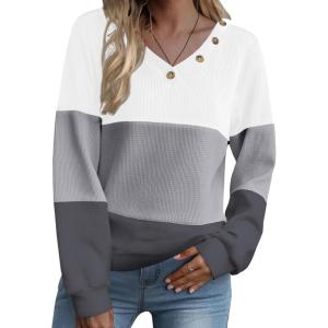 Zeagoo Women Waffle Knit Tops V Neck Long Sleeve Tunics Color Block Casual Blouse Fall Fashion 2026 Button Decor T Shirt(White/Grey)
