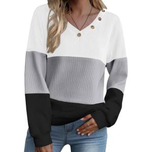 Zeagoo Women Waffle Knit Tops V Neck Long Sleeve Tunics Color Block Casual Blouse Fall Fashion 2026 Button Decor T Shirt(White/Grey/Black)