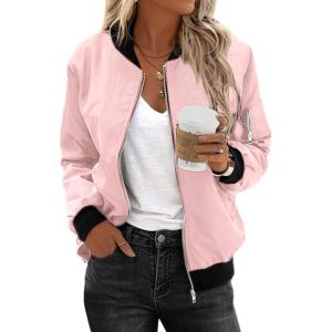 Zeagoo Women’s Bomber Jacket Casual Coat Zip Up Spring Fall Clothes with Pockets S-XXL(A-pink)
