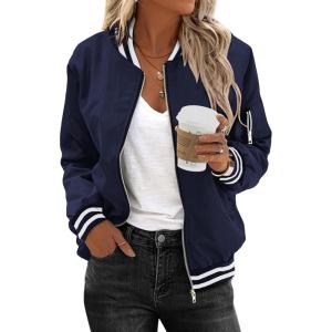 Zeagoo Women’s Bomber Jacket Casual Coat Zip Up Spring Fall Clothes with Pockets S-XXL(Navy Stripes)