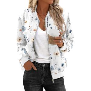 Zeagoo Women’s Bomber Jacket Casual Coat Zip Up Spring Fall Clothes with Pockets S-XXL(White Print)
