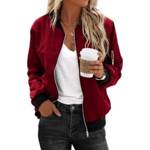 Zeagoo Women’s Bomber Jacket Casual Coat Zip Up Spring Fall Clothes with Pockets S-XXL(Wine Red)